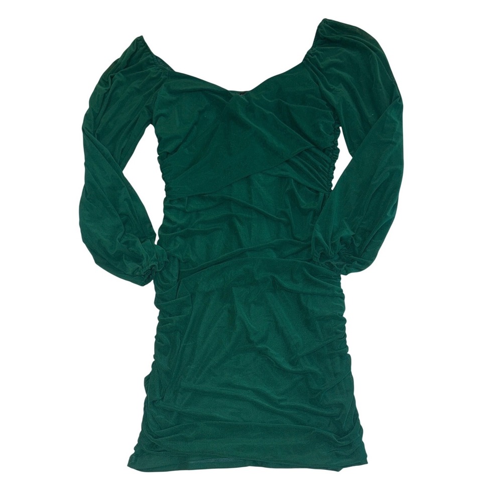 BTFBM Womens Green Ruched Bodycon Mini Dress Off Shoulder Long Sleeve Size L